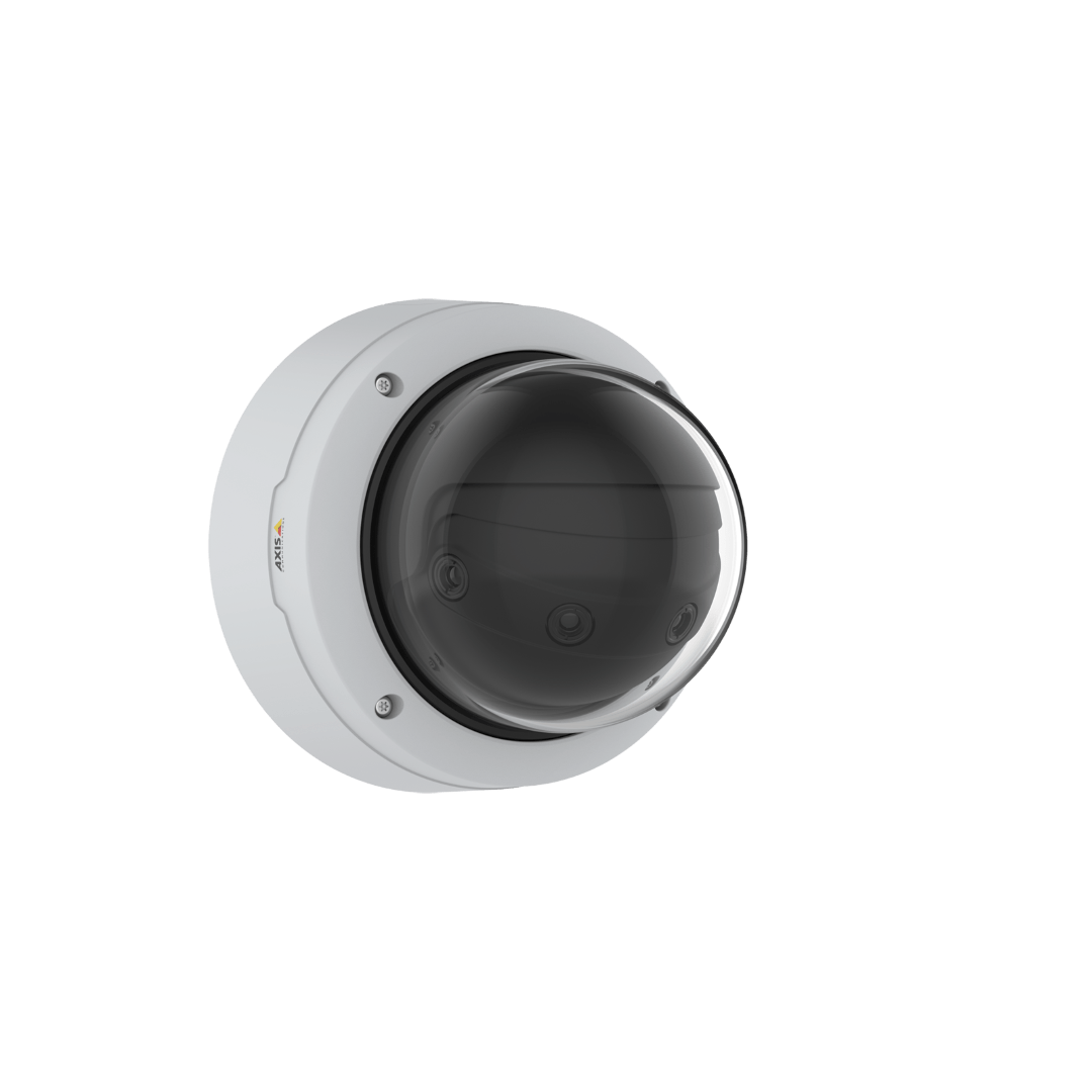 Witte Axis Q4809-PVE multisensor domecamera met een transparante koepel en vier ingebouwde cameralenzen voor panoramisch beeld.