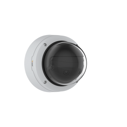 Witte Axis Q4809-PVE multisensor domecamera met een transparante koepel en vier ingebouwde cameralenzen voor panoramisch beeld.