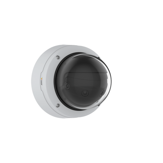 Witte Axis Q4809-PVE multisensor domecamera met een transparante koepel en vier ingebouwde cameralenzen voor panoramisch beeld.