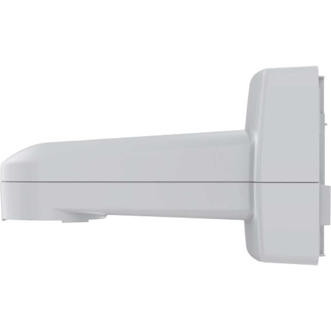 Witte, robuuste Axis Q5001-E muur- en paalmontagebeugel voor beveiligingscamera's in zijaanzicht.