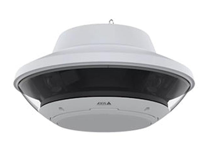 Witte Axis Q6020-E 360° panoramische buitencamera met vier sensoren in een robuuste, koepelvormige behuizing.