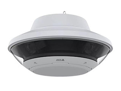 Witte Axis Q6020-E 360° panoramische buitencamera met vier sensoren in een robuuste, koepelvormige behuizing.