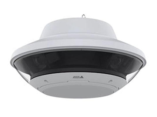 Witte Axis Q6020-E 360° panoramische buitencamera met vier sensoren in een robuuste, koepelvormige behuizing.