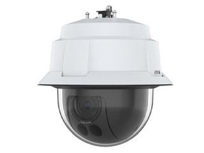 Witte Axis Q6086-E PTZ-buitencamera met robuuste behuizing, zwarte koepel en geavanceerde lens voor 34x optische zoom.