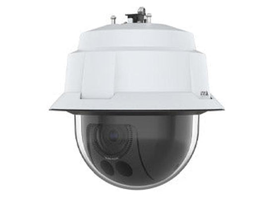 Witte Axis Q6086-E PTZ-buitencamera met robuuste behuizing, zwarte koepel en geavanceerde lens voor 34x optische zoom.