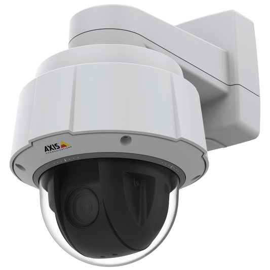 Witte Axis Q6088-E 4K PTZ-buitencamera met zwarte koepel en robuuste wandmontagebeugel.