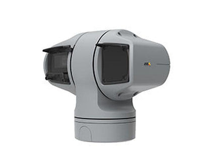 Grijze Axis Q6225-LE heavy-duty PTZ-buitencamera met robuuste aluminium behuizing en lensvensters.