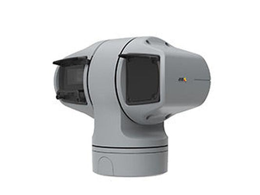 Grijze Axis Q6225-LE heavy-duty PTZ-buitencamera met robuuste aluminium behuizing en lensvensters.