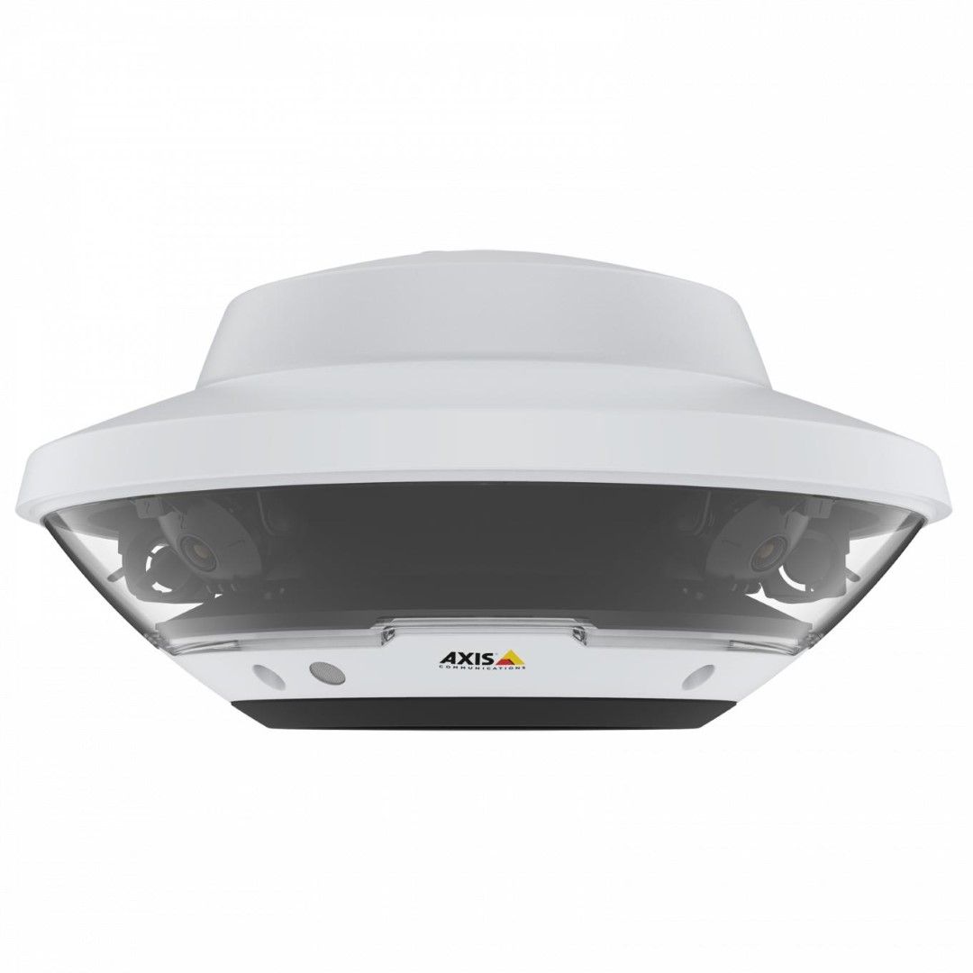 Witte Axis Q6300-E 360° multisensor camera met vier lenzen achter een glazen koepel en Axis-logo.