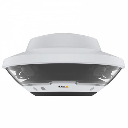 Witte Axis Q6300-E 360° multisensor camera met vier lenzen achter een glazen koepel en Axis-logo.