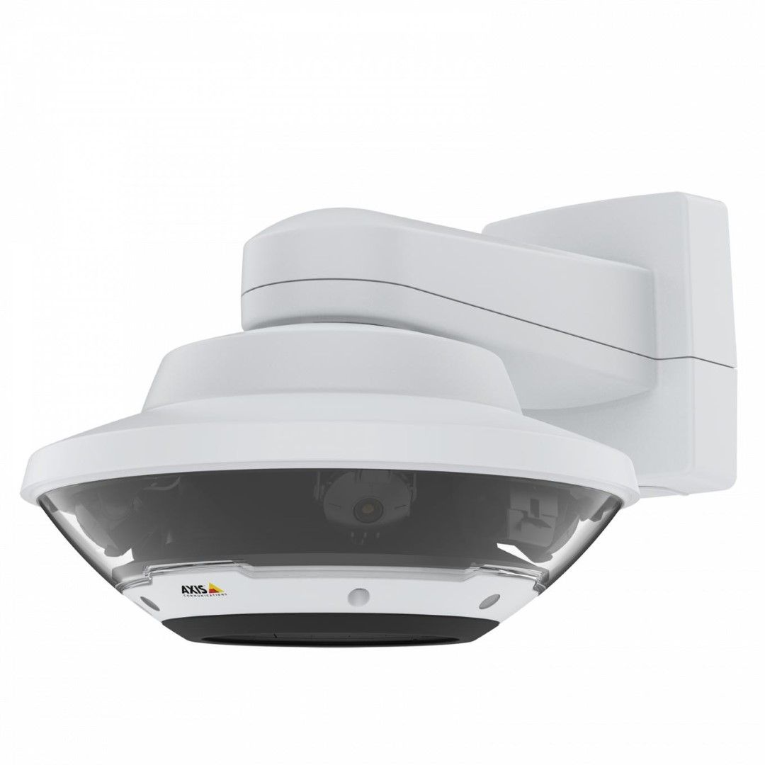Witte Axis Q6300-E 360° multisensor beveiligingscamera met vier lenzen voor 20MP overzicht en muurbevestiging.