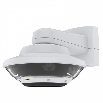 Witte Axis Q6300-E 360° multisensor beveiligingscamera met vier lenzen voor 20MP overzicht en muurbevestiging.
