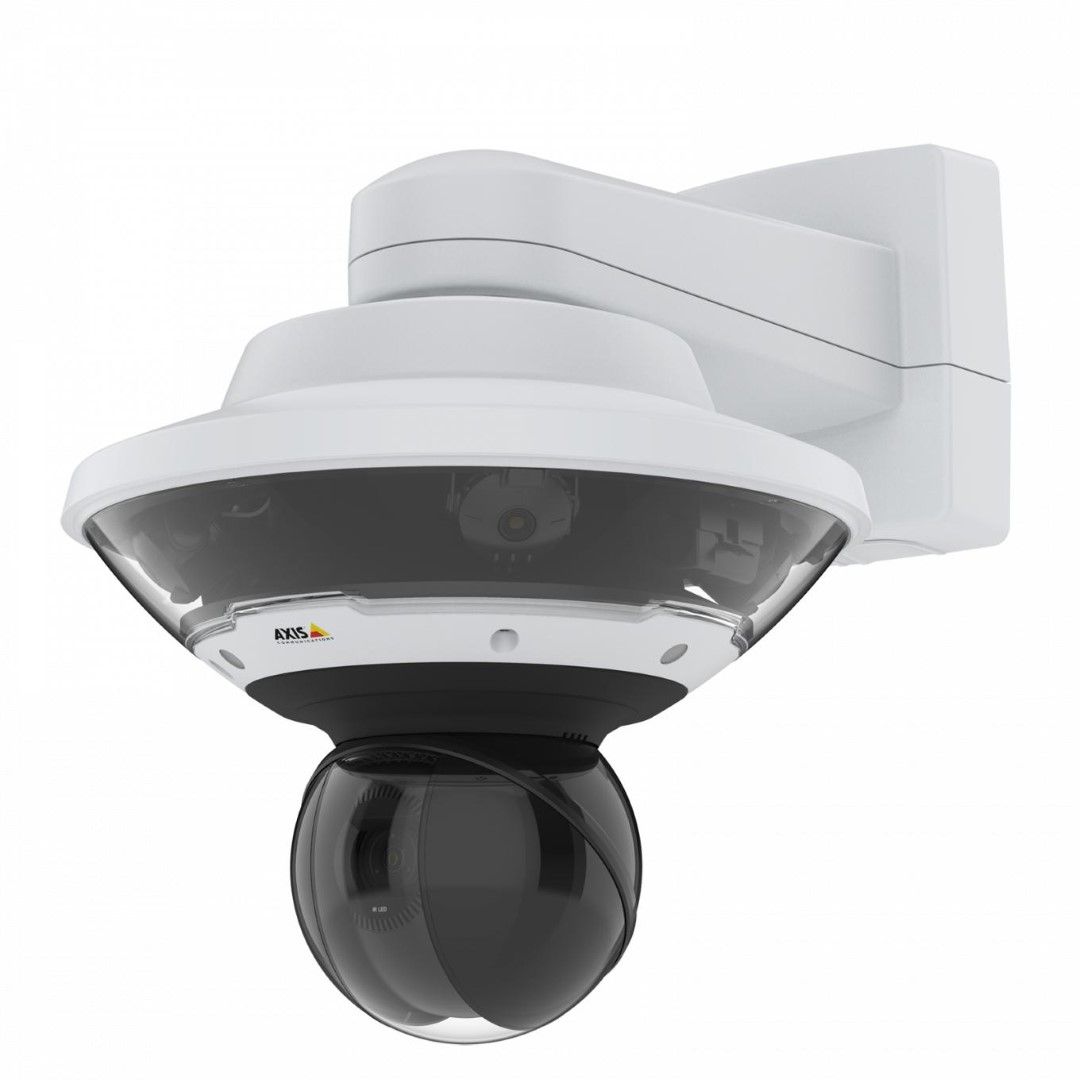 Witte Axis Q6300-E 360° multisensor camera met vier 5MP lenzen en een zwarte PTZ-dome op een muurbeugel.