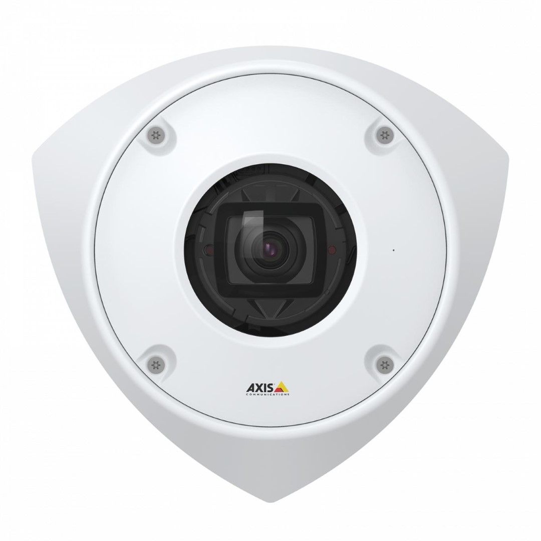 Witte Axis Q9227-SLV anti-ligatuur hoekcamera met vandalismebestendige behuizing en centrale lens.