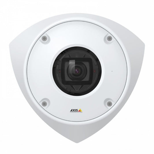 Witte Axis Q9227-SLV anti-ligatuur hoekcamera met vandalismebestendige behuizing en centrale lens.