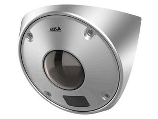 Zilverkleurige Axis Q9227-SLV anti-ligatuur hoekcamera met robuuste metalen behuizing en vandaalbestendig design.