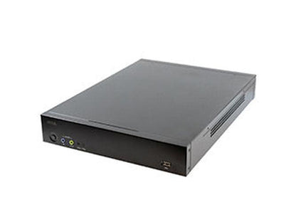 Compacte zwarte Axis S2108 all-in-one recorder met strak metalen design en USB-poort aan de voorzijde.