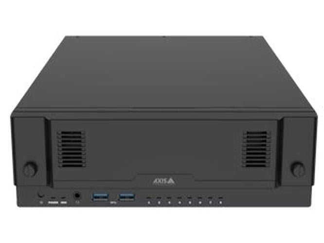 Zwarte Axis S2208 Mk II all-in-one recorder met 8 PoE-poorten, ventilatieroosters en USB-aansluitingen aan de voorzijde.