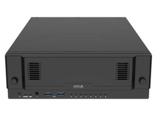 Zwarte Axis S2208 Mk II all-in-one recorder met 8 PoE-poorten, ventilatieroosters en USB-aansluitingen aan de voorzijde.