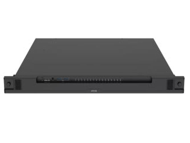 Zwarte Axis S2216 Mk II 1U rack recorder met strak metalen design en frontpaneel-aansluitingen.