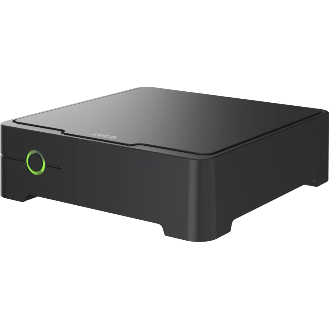 Compacte zwarte Axis S3008 Mk II recorder met 4TB opslag en verlichte groene statusindicator aan de voorzijde.