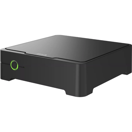Compacte zwarte Axis S3008 Mk II recorder met 4TB opslag en verlichte groene statusindicator aan de voorzijde.