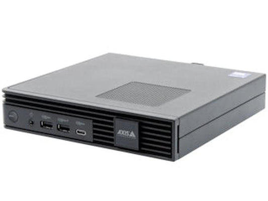Zwarte Axis S9301 Mk II micro-workstation met ventilatierooster, USB-poorten en AXIS-logo op de voorzijde.