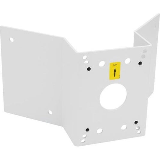 Witte aluminium Axis T91A64 hoekbeugel voor cameramontage met voorgeboorde gaten en gele 'UP' richtingsindicator.