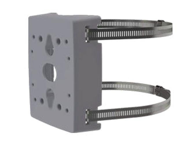 Grijze Axis T91B47 paalbeugel met verstelbare metalen spanbanden voor Axis camera's en kasten.