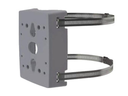 Grijze Axis T91B47 paalbeugel met verstelbare metalen spanbanden voor Axis camera's en kasten.