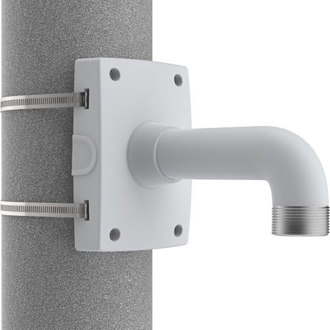 Witte Axis T91B67 paalbeugel met 1.5" NPS-schroefdraad en roestvrijstalen bevestigingsbanden voor camera-installatie.