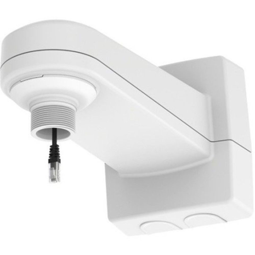Witte Axis T91H61 wandmontagebeugel voor domecamera's met geïntegreerde RJ45-kabel en beschermende behuizing.