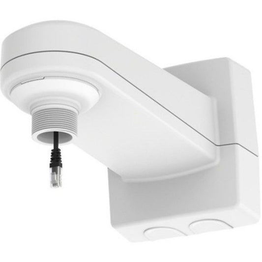 Witte Axis T91H61 wandmontagebeugel voor domecamera's met geïntegreerde RJ45-kabel en beschermende behuizing.