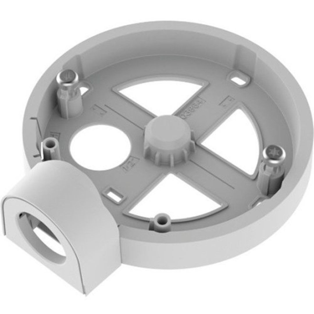 Grijze Axis T94B01P kabeldoos met ronde behuizing, ACI-interface en geïntegreerde schroefdraad voor cameramontage.