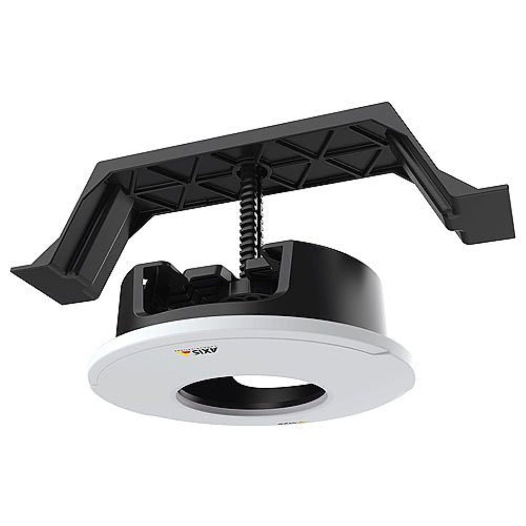 Axis T94C01L inbouwmontage voor Axis M42-camera's met witte ronde afdekring en zwart bevestigingsmechanisme voor plafonds.