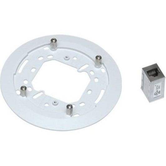Witte ronde Axis T94F01M montageplaat voor camera's met bijgeleverde netwerkkabelkoppeling.