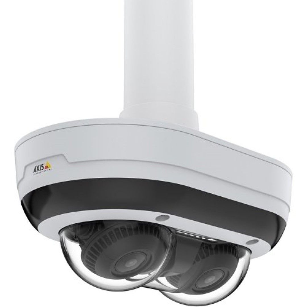 Witte Axis T94N02D hangende kit voor panoramische camera's met 1.5″ NPS-bevestiging voor montage aan palen of plafonds.