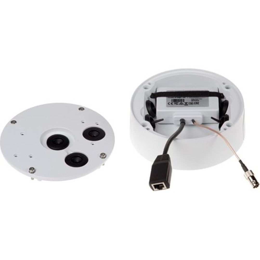 Witte, ronde Axis T94S01P kabeldoos met open behuizing, interne bedrading en afneembare deksel voor cameramontage.