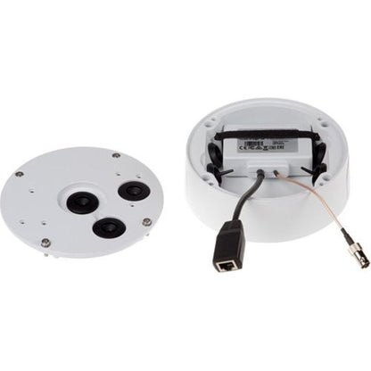 Witte, ronde Axis T94S01P kabeldoos met open behuizing, interne bedrading en afneembare deksel voor cameramontage.