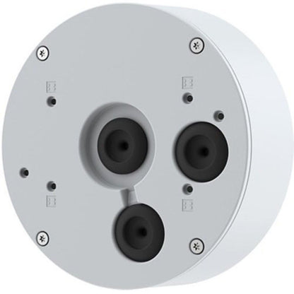Witte, ronde Axis T94S01P kabeldoos met drie zwarte rubberen kabeldoorvoeren en bevestigingspunten voor camera's.