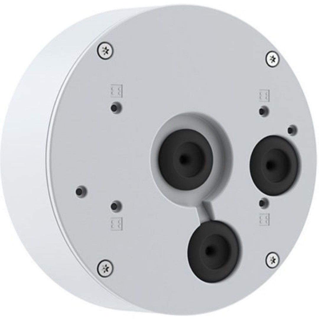 Witte, ronde Axis T94S01P kabeldoos met drie zwarte kabeldoorvoeren en schroefbevestigingen voor buitenmontage.