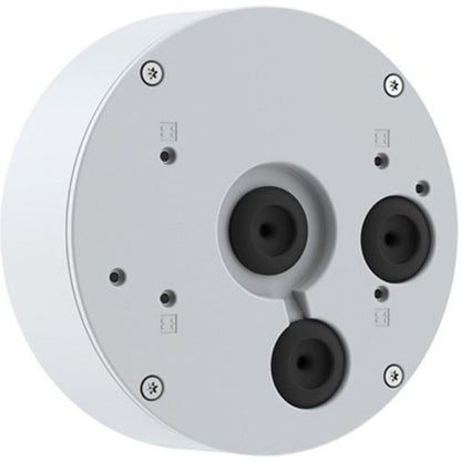 Witte, ronde Axis T94S01P kabeldoos met drie zwarte kabeldoorvoeren en schroefbevestigingen voor buitenmontage.
