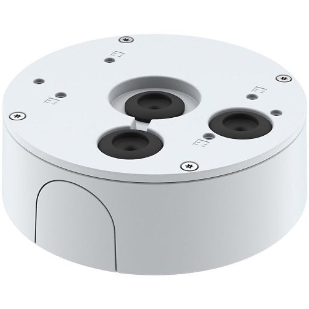 Witte, ronde Axis T94S01P kabeldoos met drie zwarte rubberen kabeldoorvoeren en een robuuste, slagvaste behuizing.