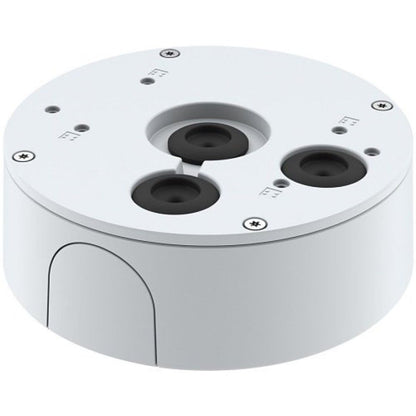 Witte, ronde Axis T94S01P kabeldoos met drie zwarte rubberen kabeldoorvoeren en een robuuste, slagvaste behuizing.