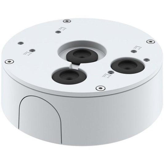 Witte, ronde Axis T94S01P kabeldoos met drie zwarte rubberen kabeldoorvoeren en een robuuste, slagvaste behuizing.