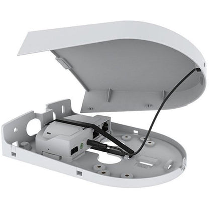 Witte Axis TM3101 wandmontage met open behuizing voor kabelbeheer en camera-aansluitingen.