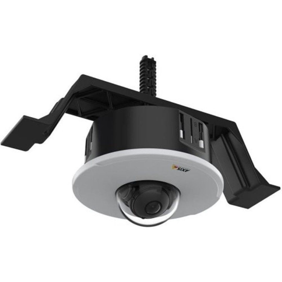 Axis TM3201 inbouwmontage voor Axis M30 domecamera met witte afdekring en zwarte bevestigingsbeugel voor plafondmontage.