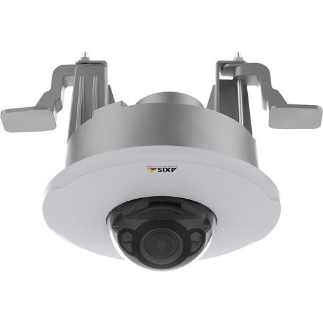 Robuuste zilverkleurige Axis TM3207 inbouwmontage voor systeemplafonds met metalen behuizing en geïntegreerde camerakoepel.