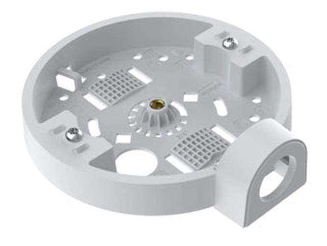 Witte Axis TM3601-E metalen aansluitdoos voor IP-camera's met ronde behuizing en kabeldoorvoer.
