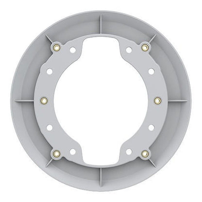 Ronde grijze Axis TP1601 adapterplaat met montagegaten en metalen schroefdraadbussen voor Axis camera-installaties.